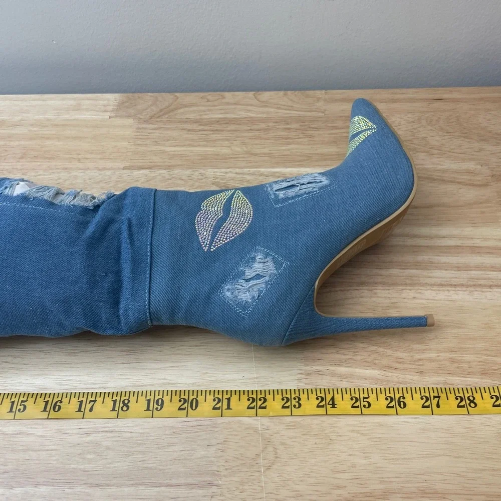Cape Robbin Distressed Denim Rhinestone Thigh High Stiletto Boots Size‎ 7 NIB